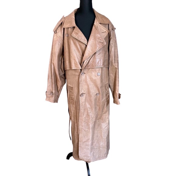 Vintage 80s Leather Trench Coat Brown Grunge Baddie Belted Size Large